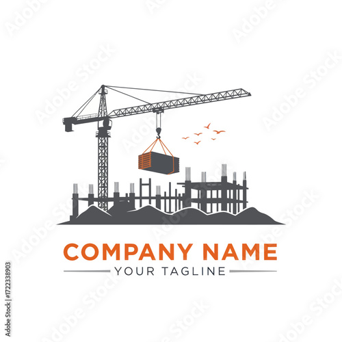 Modern Construction Company Logo with Tower Crane, Building Site Silhouette, and Accents on White Background, Flat Vector Elements, Vector Illustration, Simple Vector, Stylized Vector Drawing, Vector