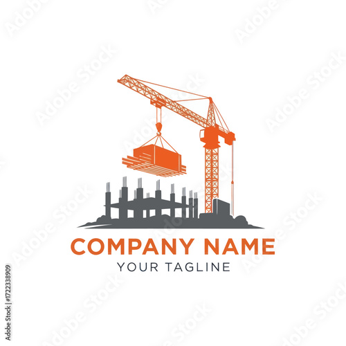 Modern Construction Company Logo Featuring Crane Lifting Building Materials Over an Under-Construction Structure with Text on a White Background, Flat Vector Elements, Vector Illustration, Simple