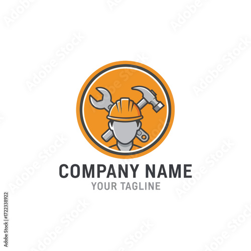 Professional Handyman and Construction Company Logo with Worker, Hard Hat, Wrench, and Hammer on White Background, Flat Vector Elements, Vector Illustration, Simple Vector, Stylized Vector Drawing,