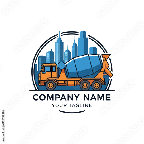 Concrete Mixer Truck with City Skyline Logo Design on White Background, Flat Vector Elements, Vector Illustration, Simple Vector, Stylized Vector Drawing, Vector Template, Clean Vector Style,