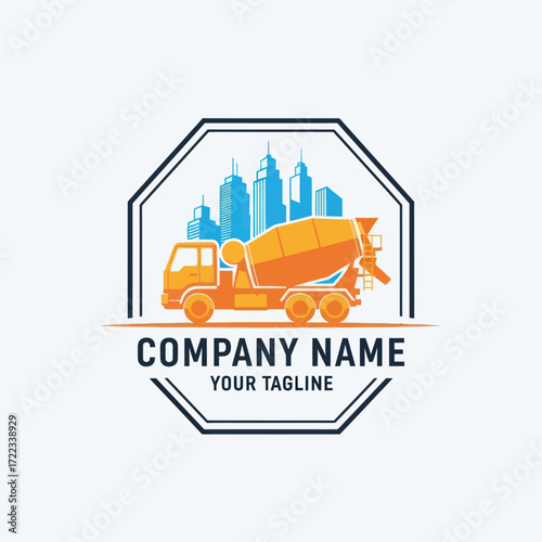 Modern Concrete Mixer Truck Logo with City Skyline in Octagonal Frame - Ideal for Construction, Building, and Urban Development Company Branding., Flat Vector Elements, Vector Illustration, Simple