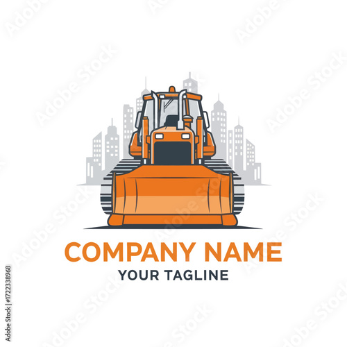 Modern Bulldozer and City Skyline Vector Logo for Construction and Urban Development Companies, Flat Vector Elements, Vector Illustration, Simple Vector, Stylized Vector Drawing, Vector Template,