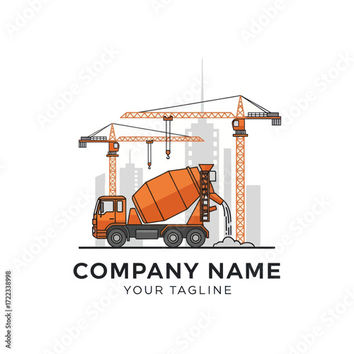 Flat design illustration of an concrete mixer truck and construction cranes with city buildings in the background, suitable for construction company logos and branding., Flat Vector Elements, Vector