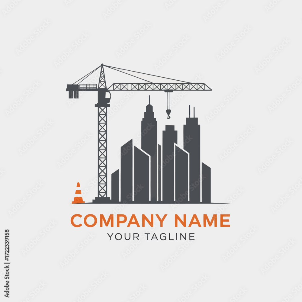 Obraz premium Modern flat design logo illustration for construction or real estate company, featuring a tower crane, city skyline, and traffic cone on a light background, Flat Vector Elements, Vector Illustration,