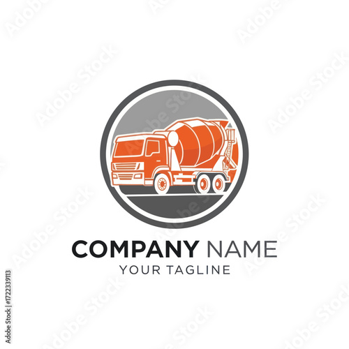 Modern Concrete Mixer Truck Logo Design in and Grey with Company Name and Tagline on White Background, Ideal for Construction Businesses, Flat Vector Elements, Vector Illustration, Simple Vector,