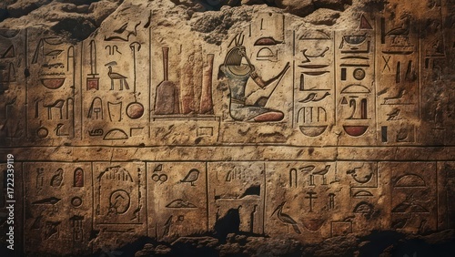 Ancient Egyptian hieroglyphs carved into weathered stone revealing stories of a lost civilization with rich cultural heritage