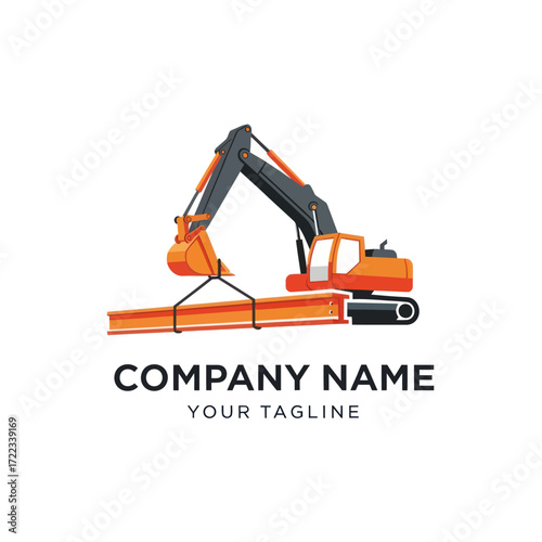 Modern flat design logo featuring an and gray excavator lifting a steel I-beam, ideal for construction, engineering, or heavy equipment companies, on a clean white background., Flat Vector Elements,