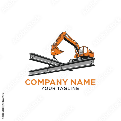 Vector illustration of an excavator lifting two steel I-beams, suitable for construction company logos, heavy machinery services, or engineering project branding on a white background., Flat Vector