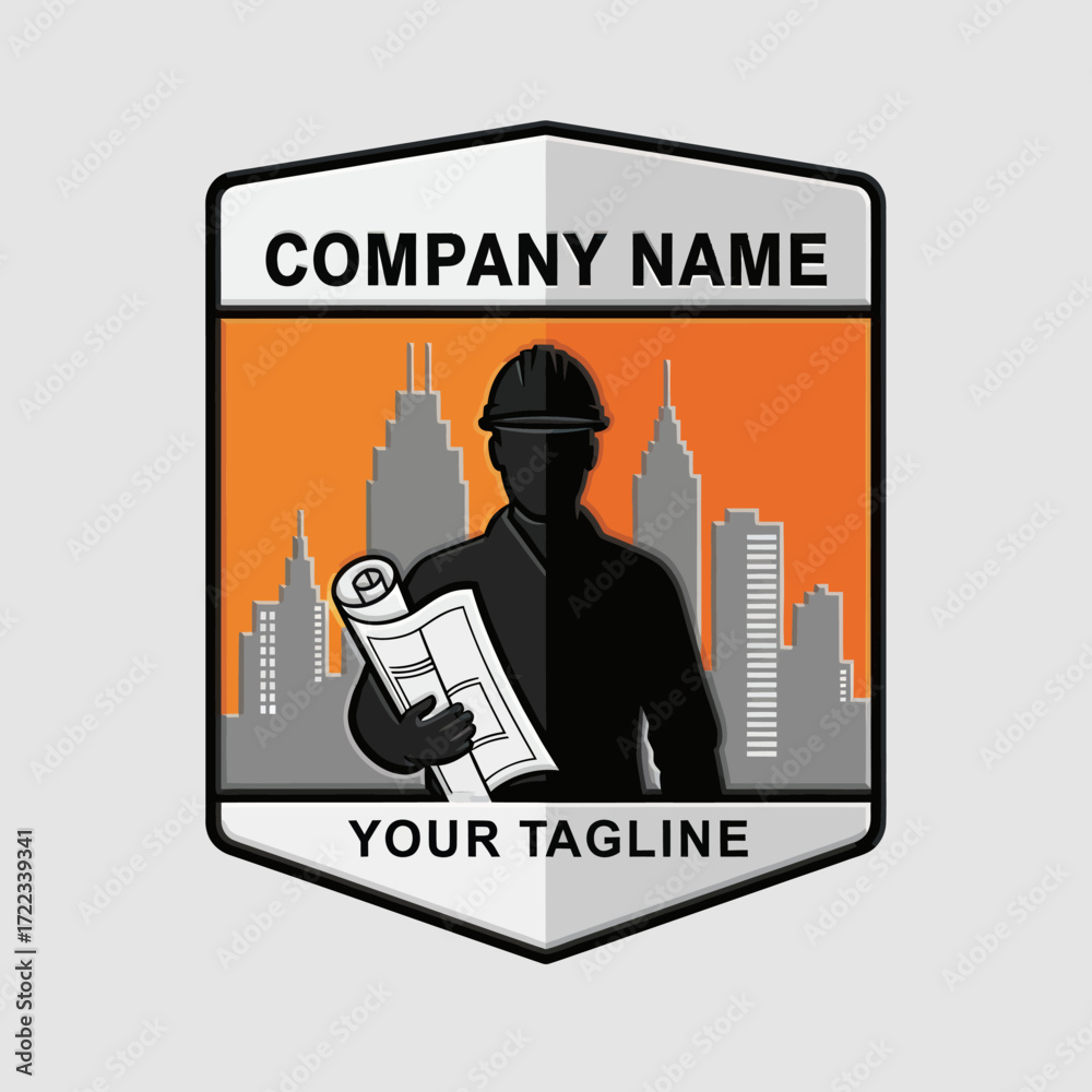 Naklejka premium Professional Engineer or Architect Logo Design with City Skyline and Blueprints, Ideal for Construction and Urban Development Companies., Flat Vector Elements, Vector Illustration, Simple Vector,