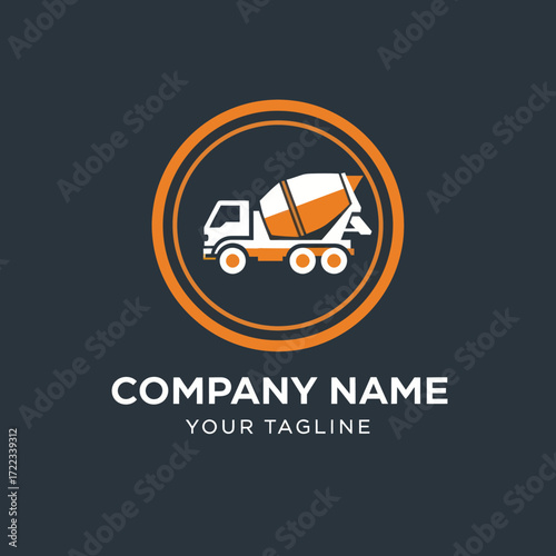 Flat Design Concrete Mixer Truck Logo Icon in and White on a Dark Gray Background, Ideal for Construction Company Branding and Corporate Identity, Flat Vector Elements, Vector Illustration, Simple