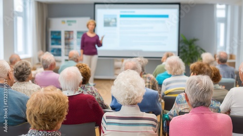 Senior community gathering in a classroom with a female presenter giving a lecture to elderly people attending an educational seminar