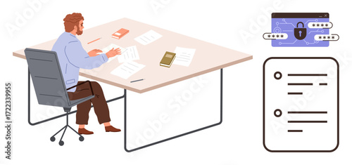 Man organizing documents at a desk, surrounded by books and papers. Lock icon symbolizes security. Ideal for productivity, task planning, data management, cybersecurity, office tasks, privacy simple