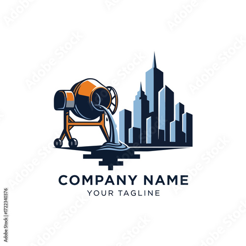 Concrete Mixer Pouring Concrete with City Skyline Background Logo Design, Flat Vector Elements, Vector Illustration, Simple Vector, Stylized Vector Drawing, Vector Template, Clean Vector Style,