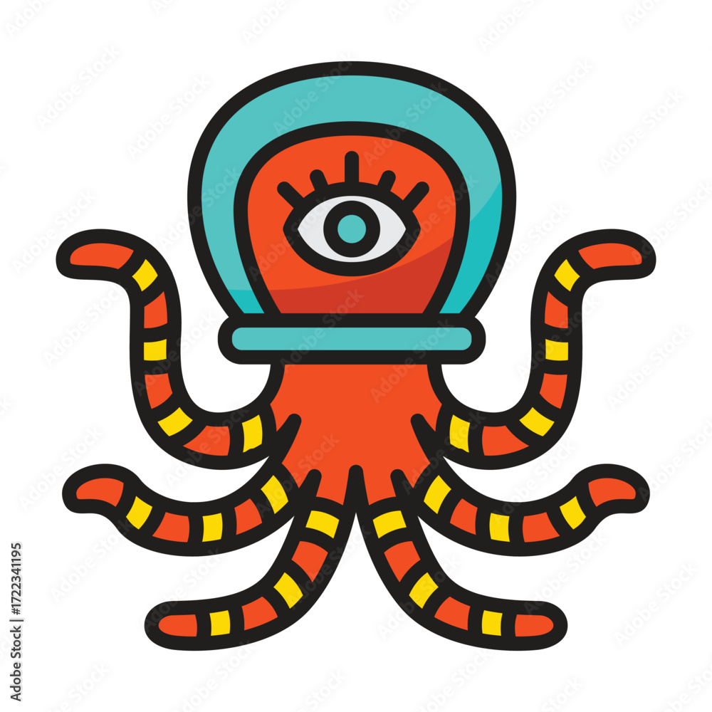 Fototapeta premium Cartoon alien octopus in a blue helmet with one eye