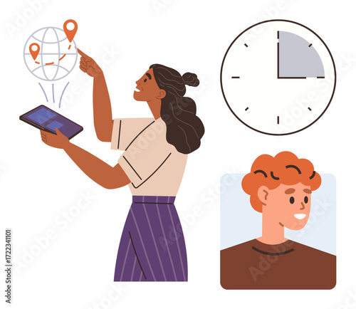 Woman pointing at global map with tablet, displaying location pins, next to a clock showing time and a user avatar. Ideal for time management, teamwork, navigation, scheduling, global collaboration
