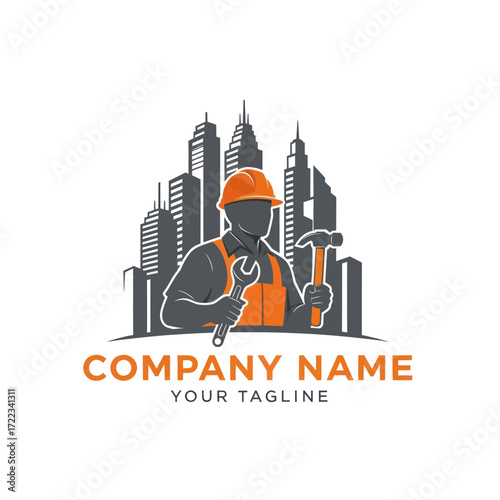 Construction and Engineering Company Logo with Skilled Worker Holding Wrench, Hard Hat, and City Skyline Background - Industrial Service and Urban Development Concept Illustration, Flat Vector