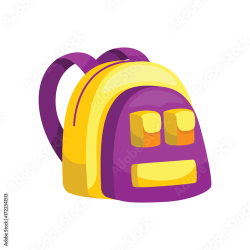 A cartoon backpack with purple straps and yellow and purple body