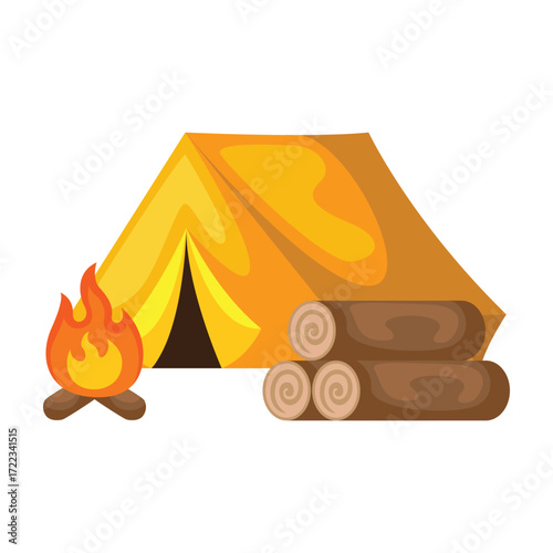 Camping scene with tent campfire and logs