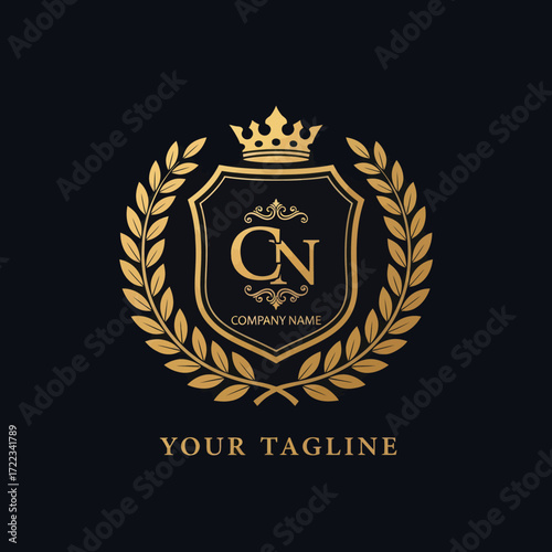 Elegant Golden Royal Crest Logo Design with Crown, Shield, Laurel Wreath, and Initials CN for Luxury Branding and Company Identity, Flat Vector Elements, Vector Illustration, Simple Vector, Stylized