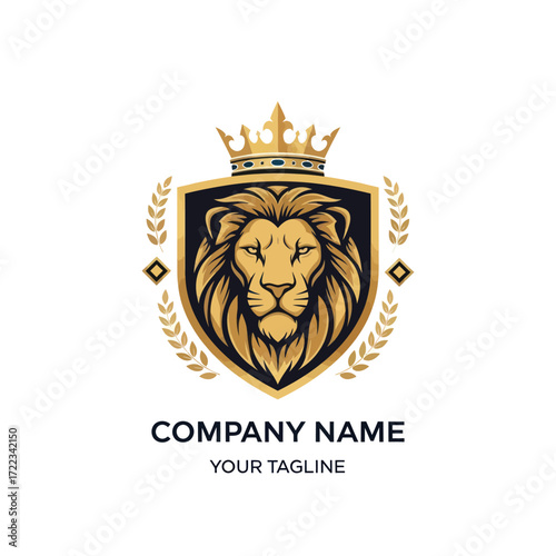 Golden Lion Head Logo with Crown and Shield, Embellished with Laurel Wreath on White Background, Flat Vector Elements, Vector Illustration, Simple Vector, Stylized Vector Drawing, Vector Template,