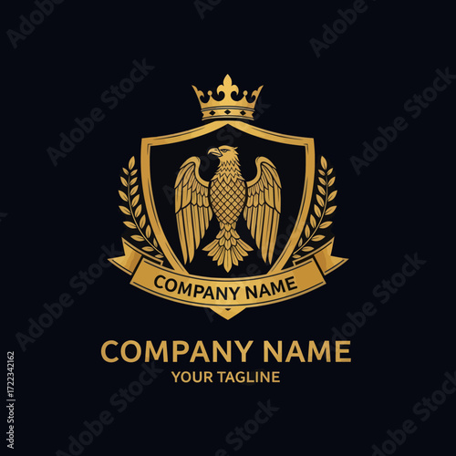 Majestic Golden Eagle Emblem Logo Design with Crown, Shield, Laurel Wreath, and Banner - Premium Branding Template for Corporate Identity and Professional Businesses, Flat Vector Elements, Vector