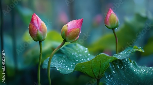 Three lotus buds in focus, one pointing upward and two bending gracefully downward, green leaves shimmering with dewdrops, serene lotus pond scenery, high-resolution photography
