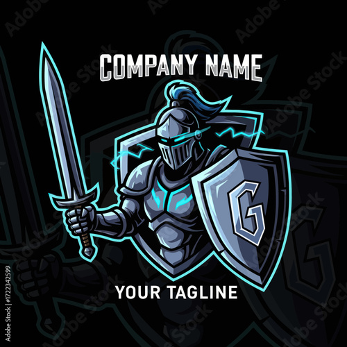 Dynamic Armored Knight Mascot Logo with Glowing Sword and Shield, perfect for Esports and Gaming Teams, Flat Vector Elements, Vector Illustration, Simple Vector, Stylized Vector Drawing, Vector