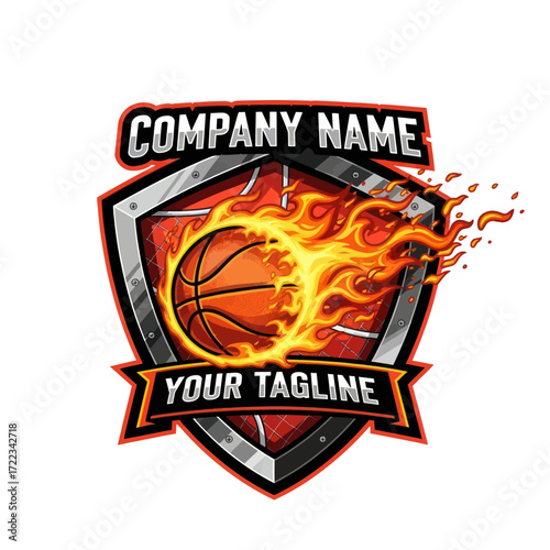 Flaming Basketball Shield Emblem for Sports Team Branding with Dynamic Fire Graphics, Flat Vector Elements, Vector Illustration, Simple Vector, Stylized Vector Drawing, Vector Template, Clean Vector