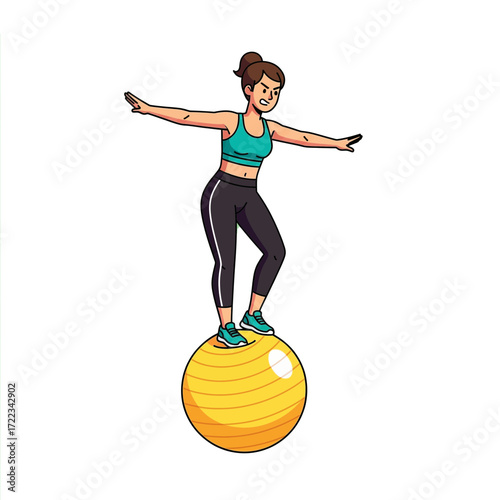 Woman balancing on a fitness ball during a workout, promoting a healthy lifestyle and active living
