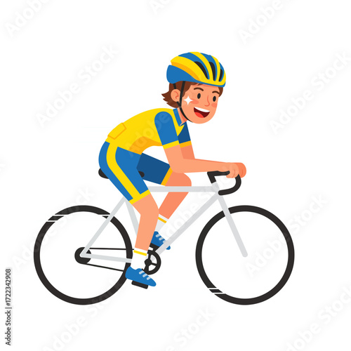 Happy young male athlete in a vibrant uniform energetically riding a racing bicycle for sport