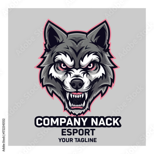 Aggressive Gray Wolf Head Mascot Logo with Snarling Expression, Pink Eyes, and Teeth for Esports and Gaming Brands, Flat Vector Elements, Vector Illustration, Simple Vector, Stylized Vector Drawing,