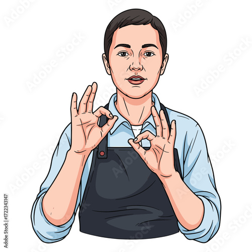 Vector Illustration of Person Making Okay Gesture in Modern Minimalist Style with Natural Skin Tones and Blue Shirt Suitable for Branding and Digital Media