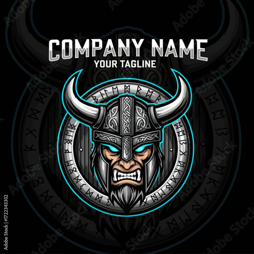 Fierce Viking Warrior Mascot Esport Logo with Horned Helmet, Glowing Blue Eyes, and Runic Shield Illustration, Flat Vector Elements, Vector Illustration, Simple Vector, Stylized Vector Drawing,