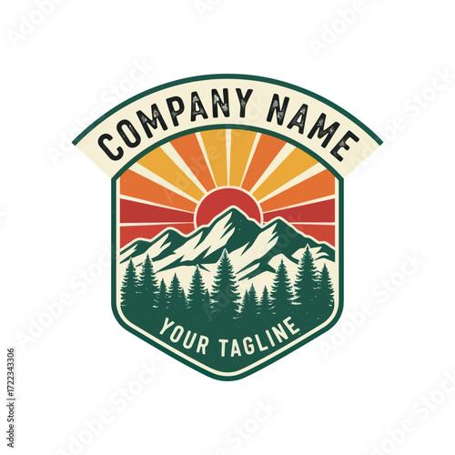 Outdoor Adventure Emblem with Mountains, Forest, and Sunset/Sunrise Rays, featuring Distressed Texture on a Shield-shaped Badge, Flat Vector Elements, Vector Illustration, Simple Vector, Stylized
