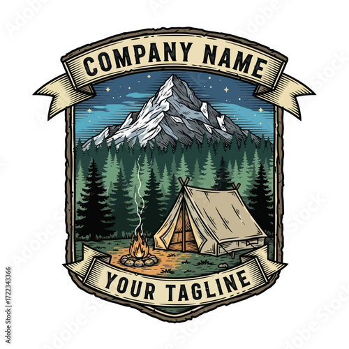 Camping Adventure Illustration with Snow-Capped Mountains, Pine Forest, Campfire, and Tent under a Starry Night Sky - Outdoor Wilderness Emblem Design, Flat Vector Elements, Vector Illustration,