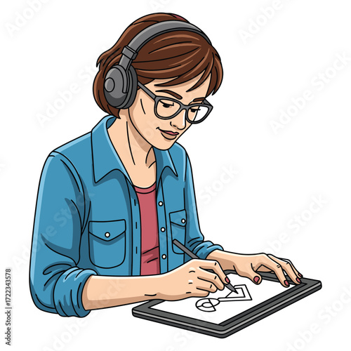 Vector Illustration of Woman Artist Drawing with Digital Tablet in Modern Artistic Style Featuring Detailed Facial Features and Headphones in Vibrant Colors