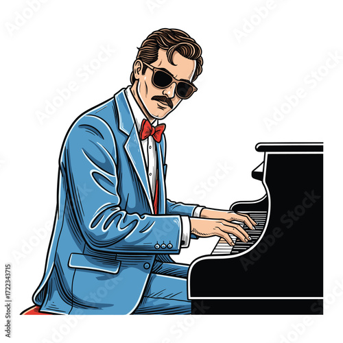 Vector Illustration of Man Playing Piano in Retro Style with Cool Sunglasses and Formal Attire