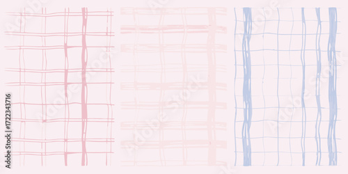 Three panels of pastel plaid patterns with hand drawn lines in pink and blue