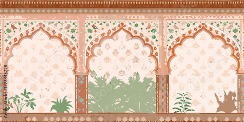 Ornate indian architectural arches with floral patterns and lush green foliage visible beyond