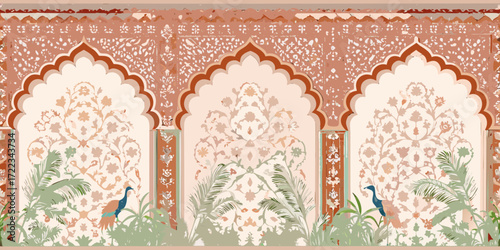 Intricate indian architectural arches with floral motifs and peacocks amidst lush greenery