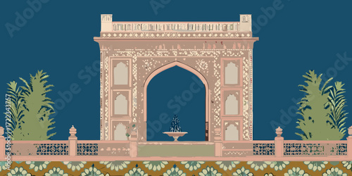 Ornate mughal archway with fountain and decorative balcony in a garden setting