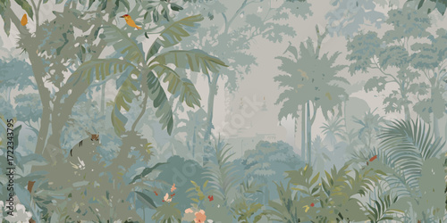 Misty tropical jungle landscape with exotic birds and distant ancient ruins in muted green and blue tones