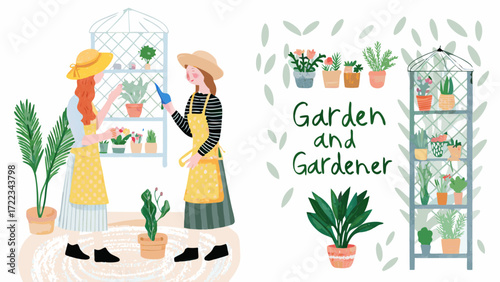 Two women in aprons and hats tending to potted plants in a greenhouse setting with text garden and gardener
