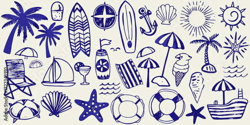 Collection of hand drawn blue summer vacation and beach elements on a light background