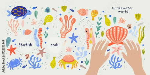 Colorful underwater world illustration with various sea creatures and plants and human hands