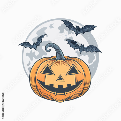 Halloween Pumpkin Lantern with Flying Bats and Full Moon – Flat Vector Illustration