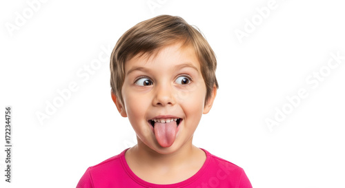 Little girl sticking her tongue out and crossing her eyes, isolated on transparent background