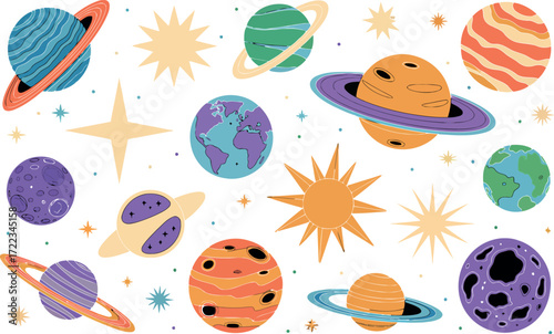 This image presents a vibrant collection of planets, stars, and celestial bodies in various colors and patterns. 