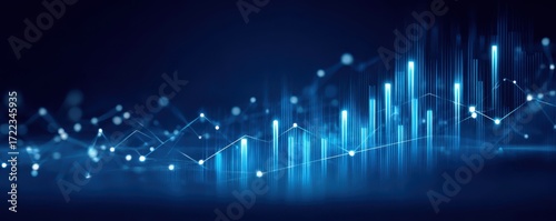 Banking Analysis Concepts. A vibrant blue digital graphic depicting fluctuating data trends and analytics, symbolizing technology and data-driven insights.