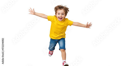 Excited young boy running with arms outstretched, isolated on transparent background